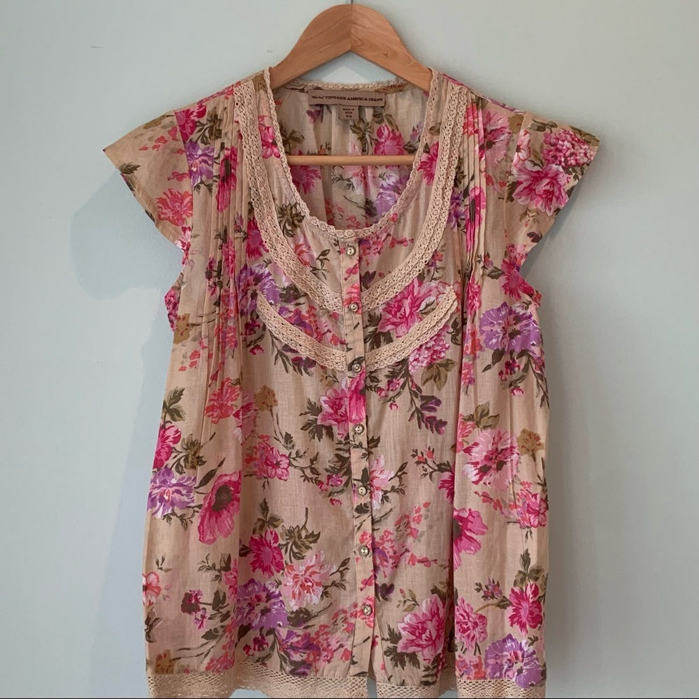 🏷️ Floral Nine West Petite Vintage America Jeans Pleated Flutter Sleeve Top S